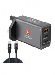 Swiss Military 65W GaN II (1 x USB-A, 2 x USB-C Ports) Super Charger with 60W USB-C to USB-C Cable (1.2 Meters)