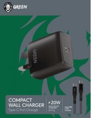 Green Type C Port Wall Charger 20W UK with PVC Type C to Type C Cable (1.2 Meters)