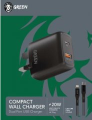 Green Dual USB Port Wall Charger PD + QC 3.0 20W UK with PVC Type-C to Lightning Cable (1.2 Meters)
