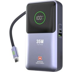 Swiss Military 10000mAh 35W Portable Power Bank with Integrated Retractable USB-C Cable (USB-C and USB-A Ports)