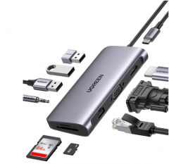 UGREEN USB-C 10 in 1 Multifuncional Adapter (1x USB-C, 1x HDMI, 1x VGA, 1x Ethernet Adapter, 3x USB 3.0, 1x 3.5mm Audio Port, 1x SD, 1x TF)