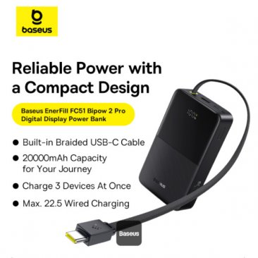 Baseus EnerFill 20000mAh FC51 Bipow 2 Pro Digital Display 22.5W Power Bank with Built-in USB-C Cable