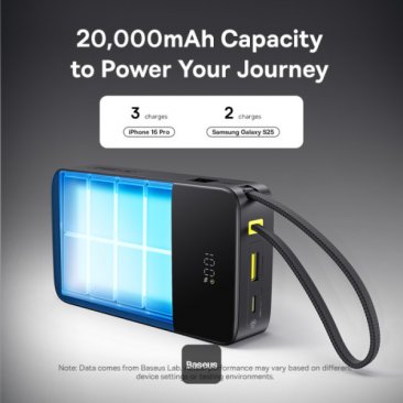 Baseus EnerFill 20000mAh FC51 Bipow 2 Pro Digital Display 22.5W Power Bank with Built-in USB-C Cable