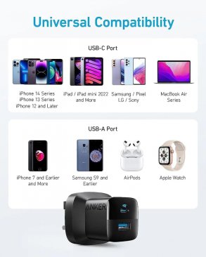 Anker 323 33W Dual Port (USB-C and USB-A) Wall Charger with USB-C Cable (0.9 Meters)