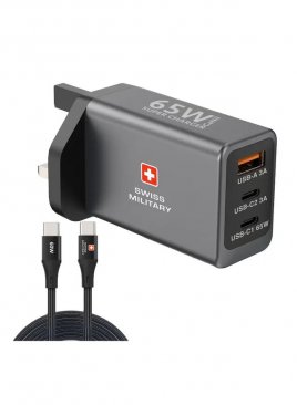 Swiss Military 65W GaN II (1 x USB-A, 2 x USB-C Ports) Super Charger with 60W USB-C to USB-C Cable (1.2 Meters)