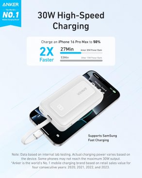 Anker Zolo 10000Mah 30W with Built-In USB-C Cable (1xUSB-C and 1xUSB-A Ports)
