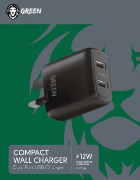 Green Dual USB Port Wall Charger 12W UK