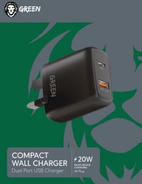 Green Dual USB Port Wall Charger PD + QC 3.0 20W UK