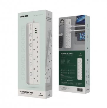 Green Lion 5 Socket, 2x USB-A and 1x Type C Ports 2500W Power Socket (2 Meters)