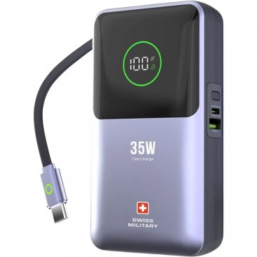 Swiss Military 10000mAh 35W Portable Power Bank with Integrated Retractable USB-C Cable (USB-C and USB-A Ports)