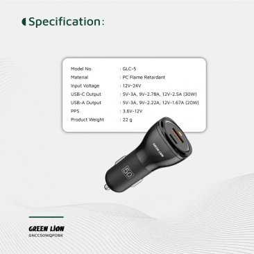 Green Lion 50W  Dual Port (1xUSB-A, 1x Type-C Output) Car Charger with USB-C to Lightning Cable (1 Meter)