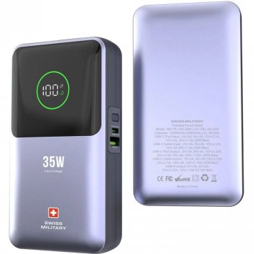 Swiss Military 10000mAh 35W Portable Power Bank with Integrated Retractable USB-C Cable (USB-C and USB-A Ports)