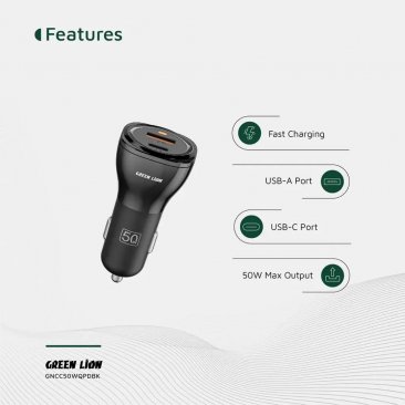 Green Lion 50W  Dual Port (1xUSB-A, 1x Type-C Output) Car Charger with USB-C to Lightning Cable (1 Meter)