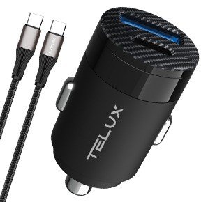 TELUX PowerGo PD65-C 2-Port USB-C and USB-A 65W Fast Car Charger (65W Total Output) with USB-C Cable