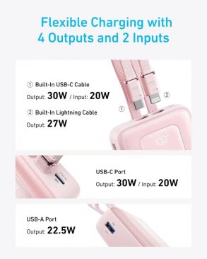 Anker Zolo 20000Mah 30W with Built-In USB-C and Lightning Cable + 1*USB-A and 1* USB-C Port Power Bank