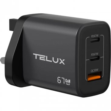 TELUX VOLTFLOW PD67 67W GaN Fast Wall Charger (1 x USB-A, 2 x USB-C Ports)