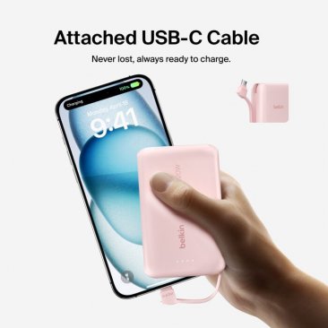 Belkin BoostCharge Power Bank 10K with Integrated USB-C Cable (20W/10,000mAh/2 x USB-C)