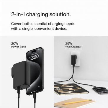 Belkin BoostCharge Hybrid Wall Charger 25W + Power Bank 5000mAh (USB-C to USB-C Cable included)